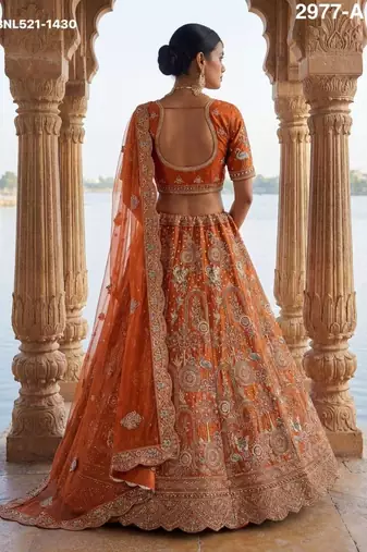 Orange Silk Blend Embroidered Lehenga Set
