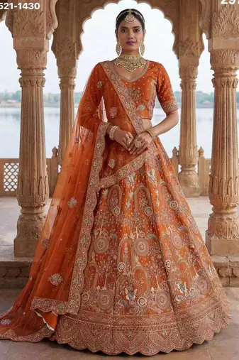 Orange Silk Blend Embroidered Lehenga Set