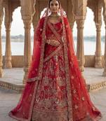 Red Silk Blend Embroidered Lehenga Set
