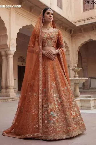 Orange Silk Blend Embroidered Lehenga Set