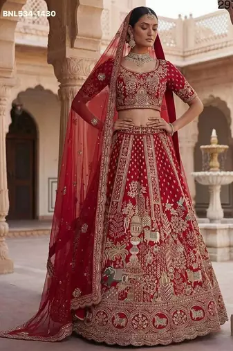 Red Silk Blend Embroidered Lehenga Set