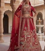 Red Silk Blend Embroidered Lehenga Set