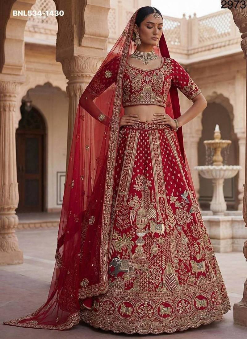 Red Silk Blend Embroidered Lehenga Set