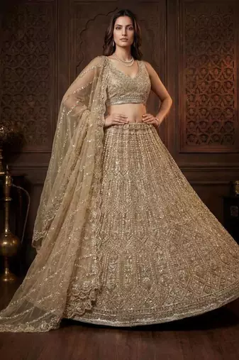 Beige Net Embroidered Lehenga Set