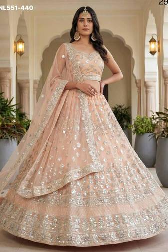 Light Peach Net Embroidered Lehenga Set
