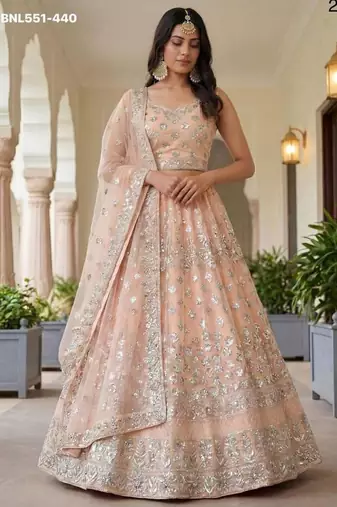 Light Peach Net Embroidered Lehenga Set