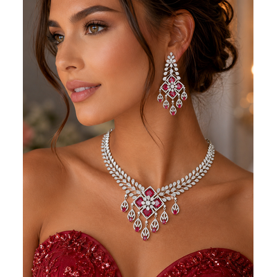 Ruby Diamond Bridal Jewelry Set: Silver CZ Choker Necklace, Chandelier Earrings 1