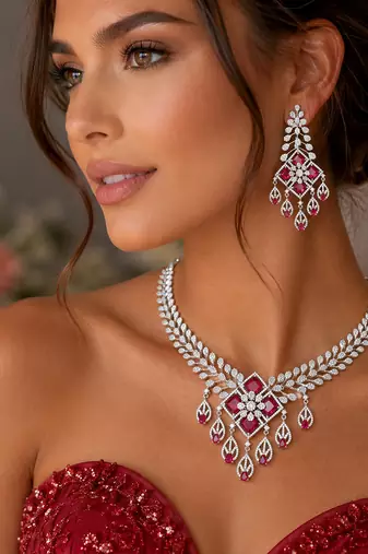 Ruby Diamond Bridal Jewelry Set: Silver CZ Choker Necklace, Chandelier Earrings