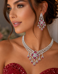 Ruby Diamond Bridal Jewelry Set: Silver CZ Choker Necklace, Chandelier Earrings