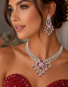 Ruby Diamond Bridal Jewelry Set: Silver CZ Choker Necklace, Chandelier Earrings