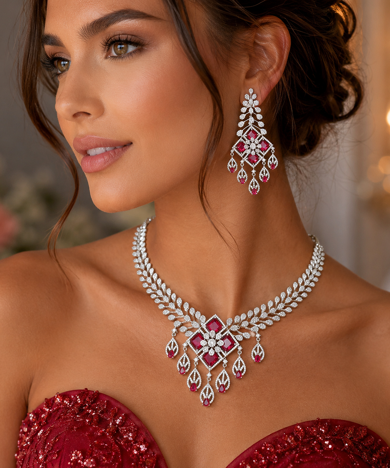 Ruby Diamond Bridal Jewelry Set: Silver CZ Choker Necklace, Chandelier Earrings