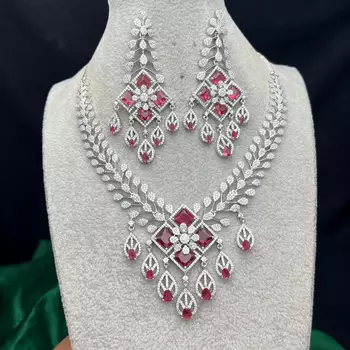 Ruby Diamond Bridal Jewelry Set: Silver CZ Choker Necklace, Chandelier Earrings 2