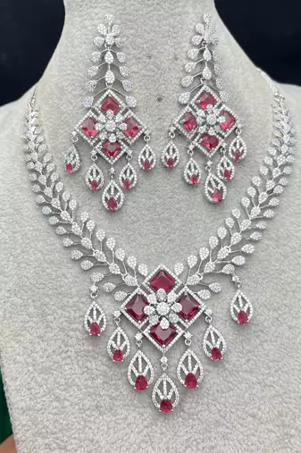 Ruby Diamond Bridal Jewelry Set: Silver CZ Choker Necklace, Chandelier Earrings