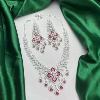 Ruby Diamond Bridal Jewelry Set: Silver CZ Choker Necklace, Chandelier Earrings 3