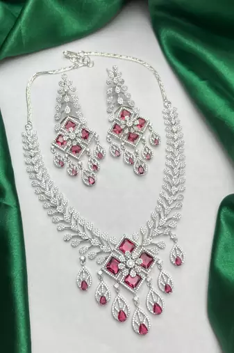 Ruby Diamond Bridal Jewelry Set: Silver CZ Choker Necklace, Chandelier Earrings