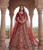 Dark Red Silk Embroidered Lehenga Set