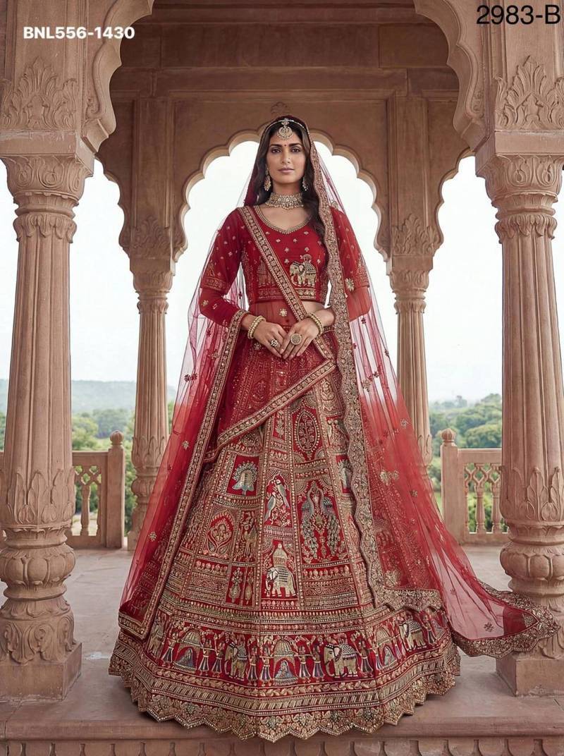 Dark Red Silk Embroidered Lehenga Set