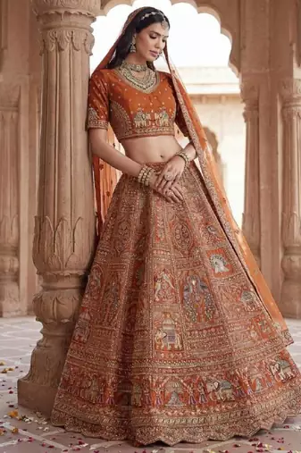 Orange Silk Embroidered Lehenga Set