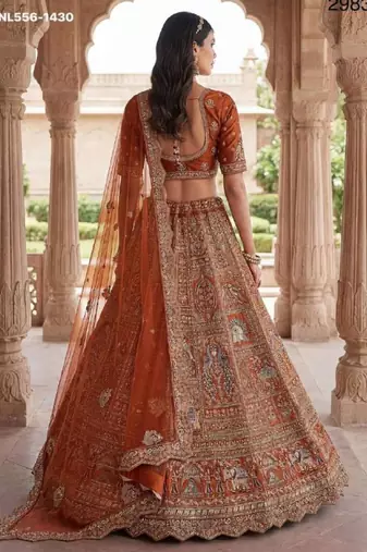 Orange Silk Embroidered Lehenga Set