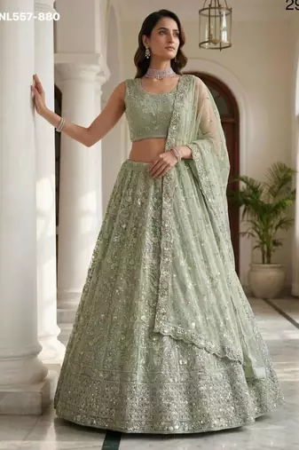 Light Green Net Embroidered Lehenga Set