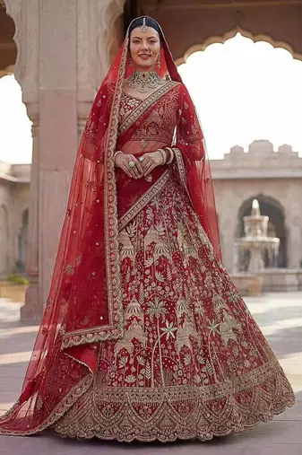 Red Silk Embroidered Lehenga Set