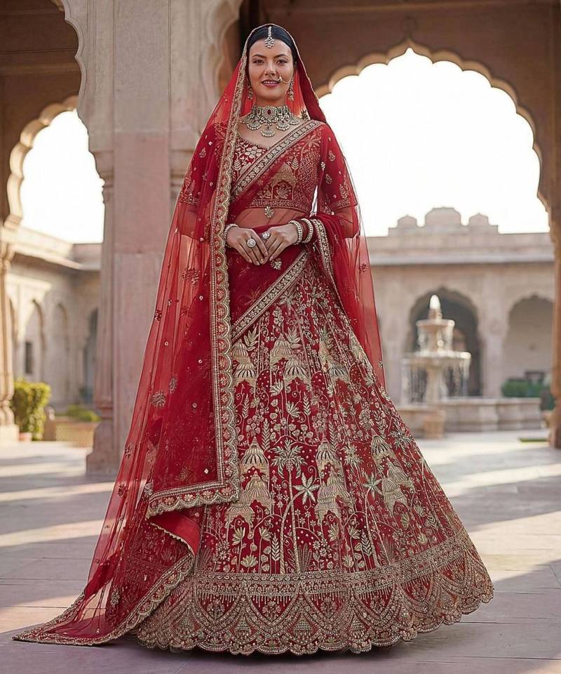 Red Silk Embroidered Lehenga Set
