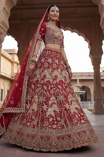 Red Silk Embroidered Lehenga Set