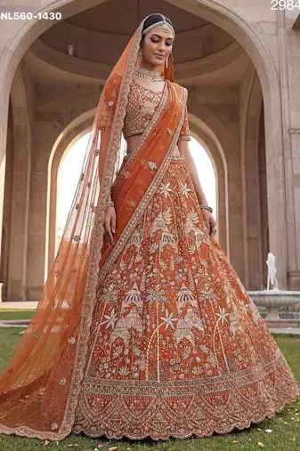 Orange Silk Embroidered Lehenga Set