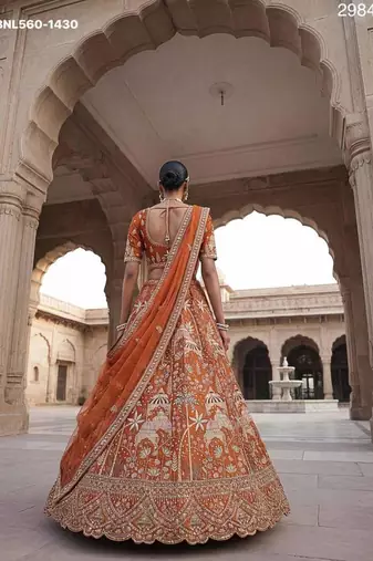 Orange Silk Embroidered Lehenga Set