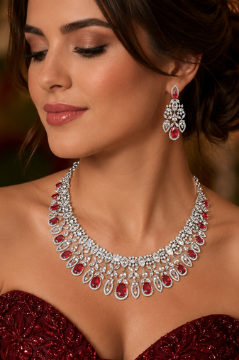 Ruby Diamond Bridal Jewelry Set: Marquise CZ Necklace, Chandelier Earrings, Rhodium Plated