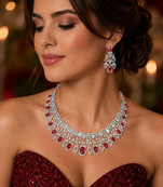 Ruby Diamond Bridal Jewelry Set: Marquise CZ Necklace, Chandelier Earrings, Rhodium Plated