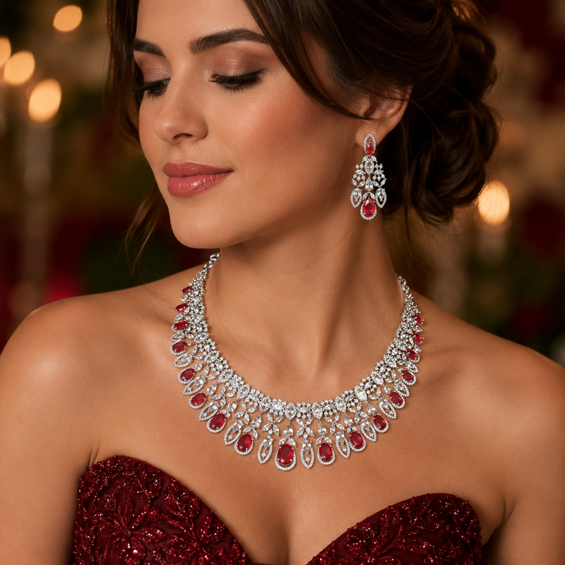Ruby Diamond Bridal Jewelry Set: Marquise CZ Necklace, Chandelier Earrings, Rhodium Plated