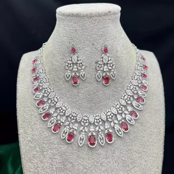 Ruby Diamond Bridal Jewelry Set: Marquise CZ Necklace, Chandelier Earrings, Rhodium Plated 2