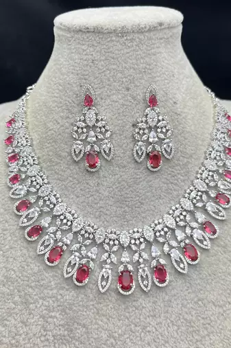Ruby Diamond Bridal Jewelry Set: Marquise CZ Necklace, Chandelier Earrings, Rhodium Plated