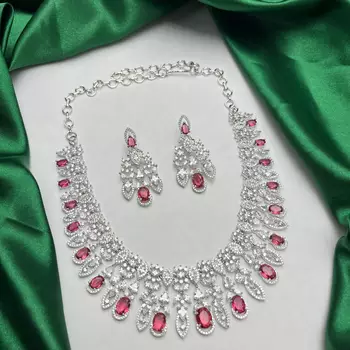 Ruby Diamond Bridal Jewelry Set: Marquise CZ Necklace, Chandelier Earrings, Rhodium Plated 3