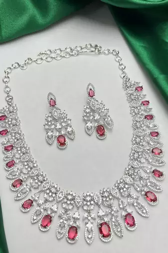 Ruby Diamond Bridal Jewelry Set: Marquise CZ Necklace, Chandelier Earrings, Rhodium Plated