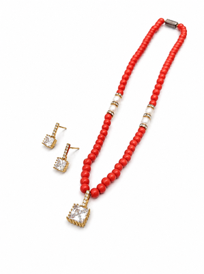 Red coral beaded necklace and earring set with pearl accents, square cz pendant, gold-tone 1