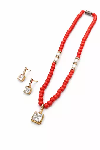 Red coral beaded necklace and earring set with pearl accents, square cz pendant, gold-tone