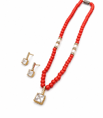 Red coral beaded necklace and earring set with pearl accents, square cz pendant, gold-tone