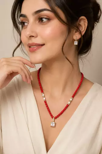 Red coral beaded necklace and earring set with pearl accents, square cz pendant, gold-tone