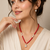 Red coral beaded necklace and earring set with pearl accents, square cz pendant, gold-tone