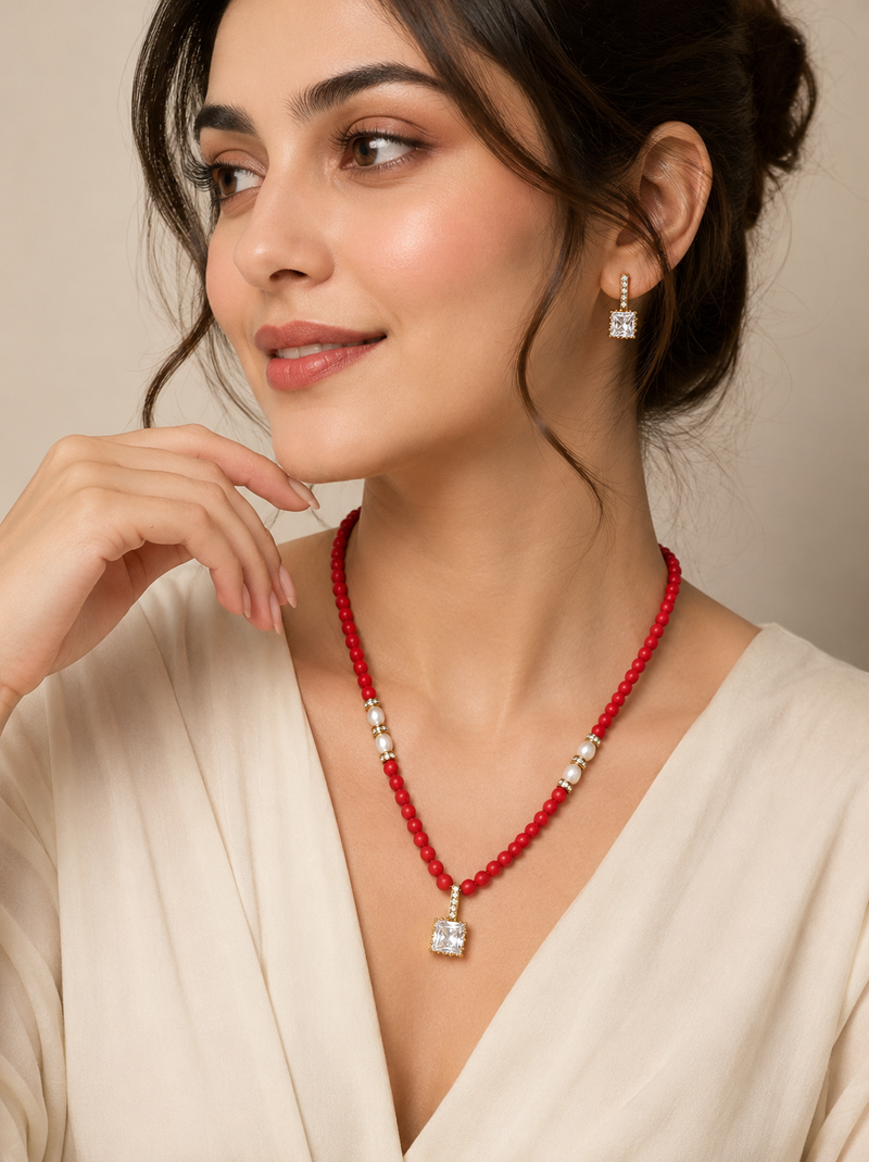 Red coral beaded necklace and earring set with pearl accents, square cz pendant, gold-tone