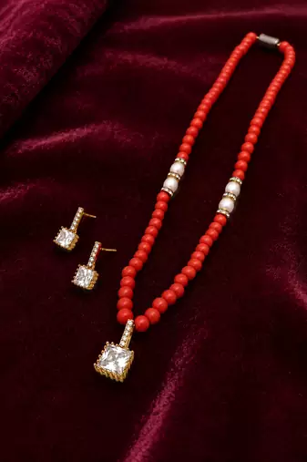 Red coral beaded necklace and earring set with pearl accents, square cz pendant, gold-tone