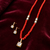 Red coral beaded necklace and earring set with pearl accents, square cz pendant, gold-tone