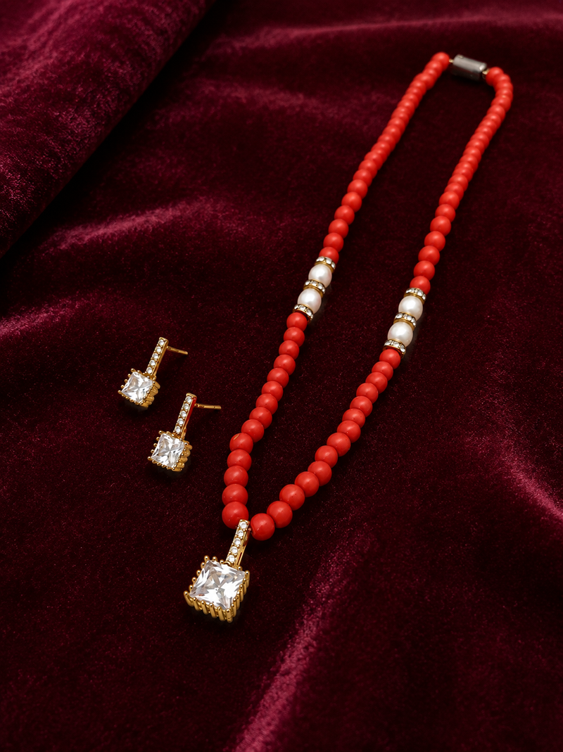 Red coral beaded necklace and earring set with pearl accents, square cz pendant, gold-tone