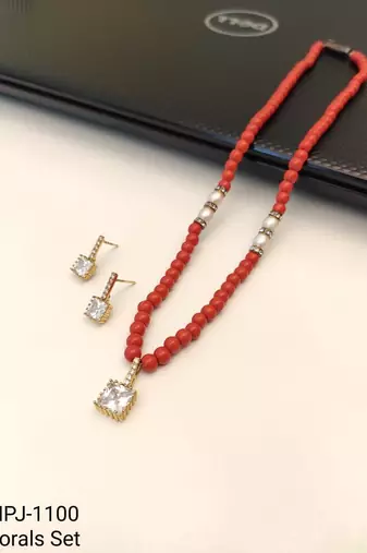 Red coral beaded necklace and earring set with pearl accents, square cz pendant, gold-tone