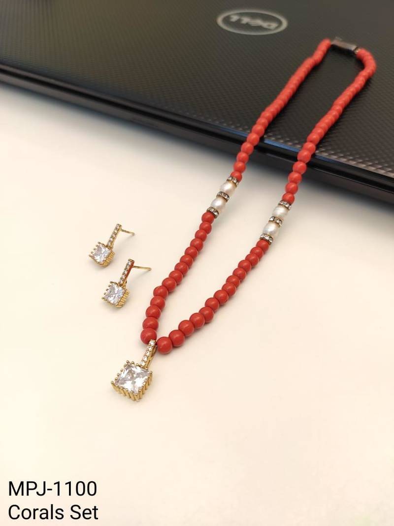 Red coral beaded necklace and earring set with pearl accents, square cz pendant, gold-tone