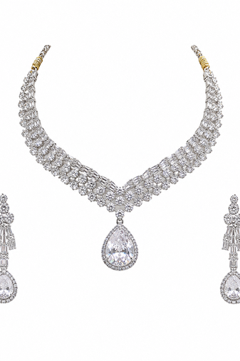 Cubic zirconia bridal necklace and earring set, silver tone, teardrop pendant, wedding jewellery