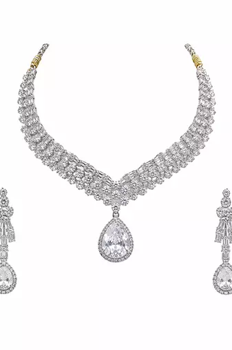 Cubic zirconia bridal necklace and earring set, silver tone, teardrop pendant, wedding jewellery