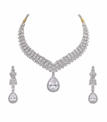 Cubic zirconia bridal necklace and earring set, silver tone, teardrop pendant, wedding jewellery